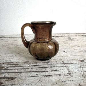 Vintage Hand Blown Amber Glass Mini Pitcher Iridescent Luster Small Bud Vase